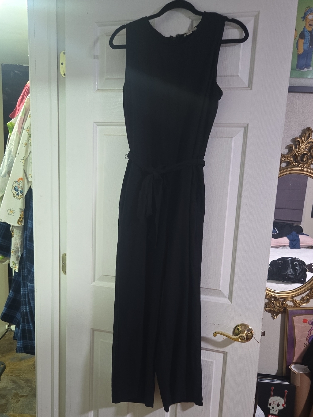LOFT Black Sleeveless Linen Blend Jumpsuit with Waist Tie